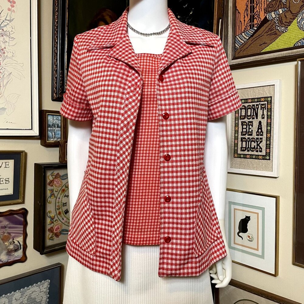 70s Vintage KoKo Knits Red and White Polyester Gingham Chore Top and Tank M